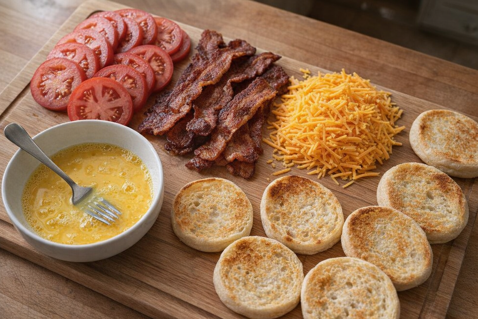 A birds-eye view of all the prepped ingredients for a breakfast sandwich: sliced tomatoes, cooked bacon, shredded cheddar cheese, a bowl of whisked eggs, and toasted English muffins arranged neatly on a wooden cutting board.